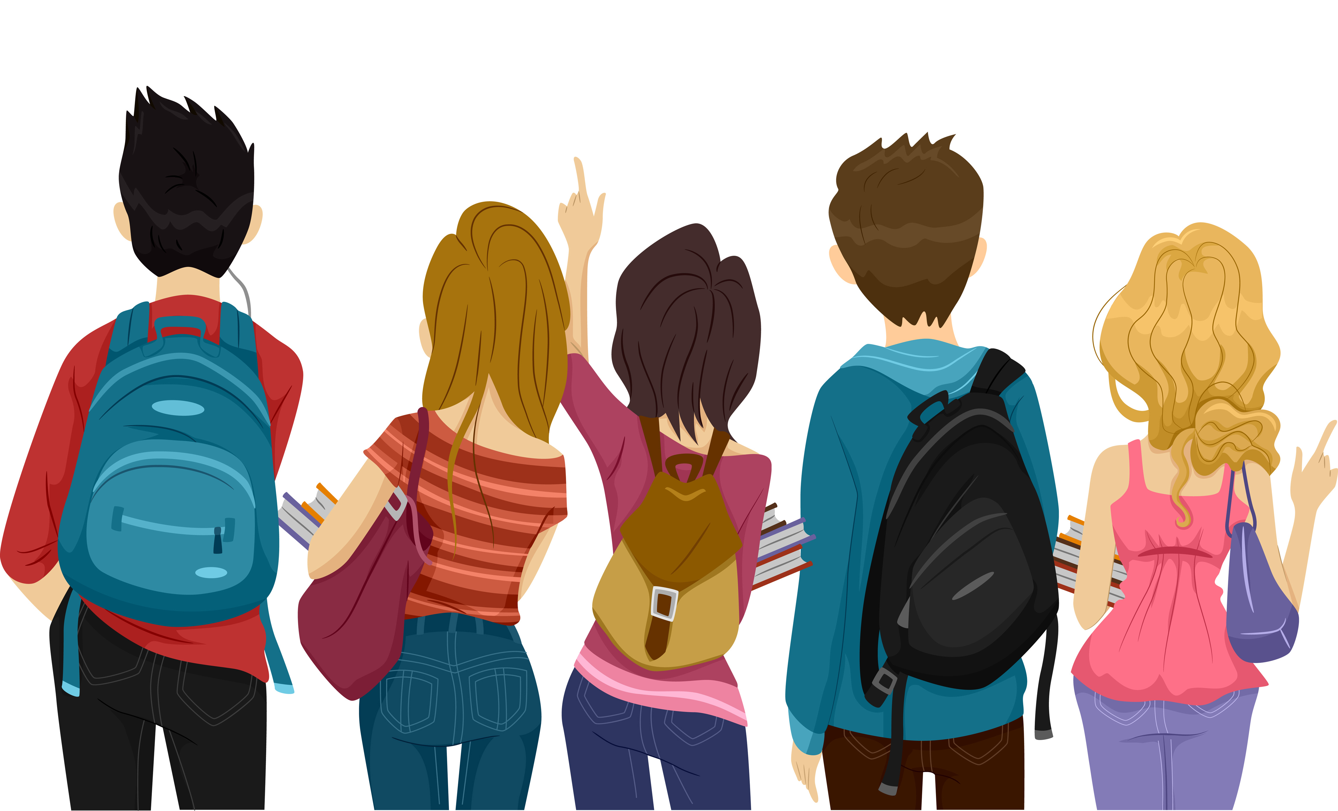 Back View Illustration of College Students on Their Way to School